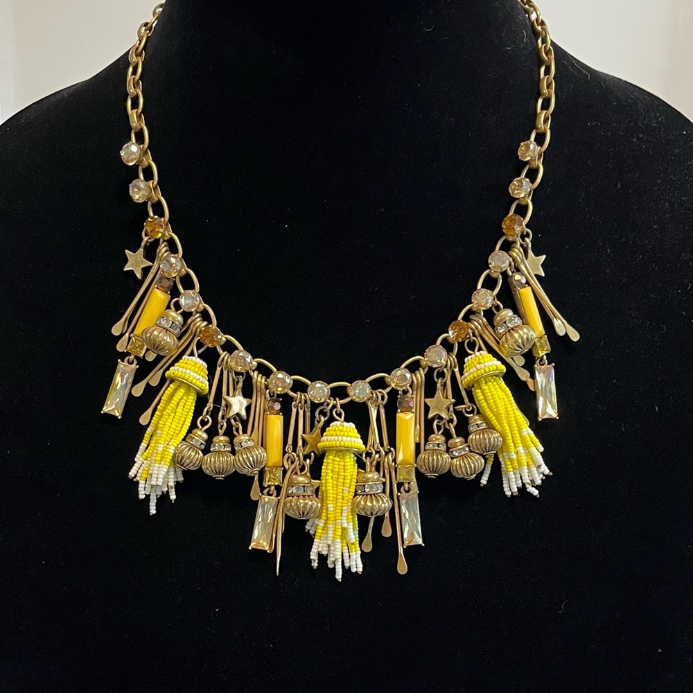 Ann Taylor Necklace Bib Yellow Beads Clear Color Faceted Rhinestones 10 1/2”
